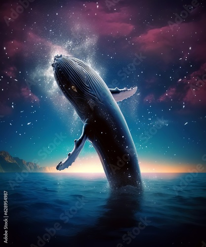 Whale breaching at Night under the Stars