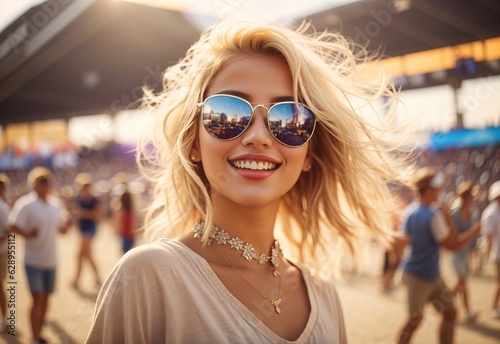 Happy beautiful blonde girl wearing sunglass walking at the blurred stadium filled with person