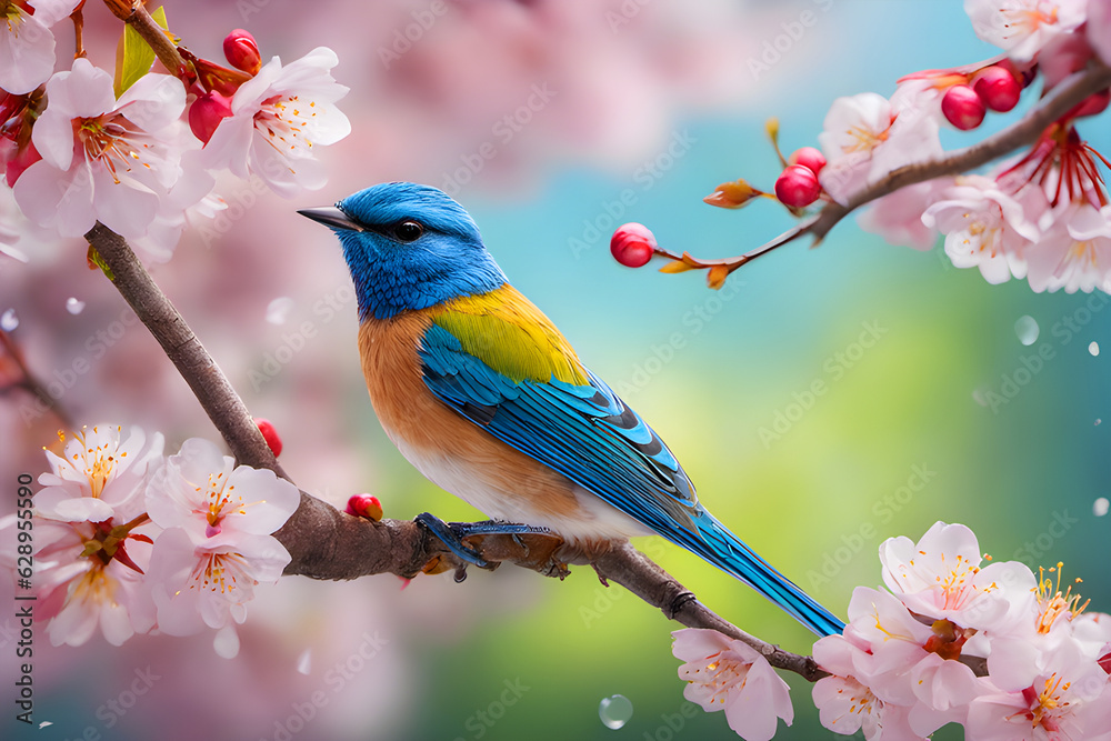 a blue bird perched on a cherry blossom stalk