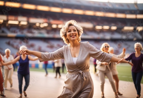 happy beautiful mature happy women dancing with blurred stadium filled with person © PeopleWorker