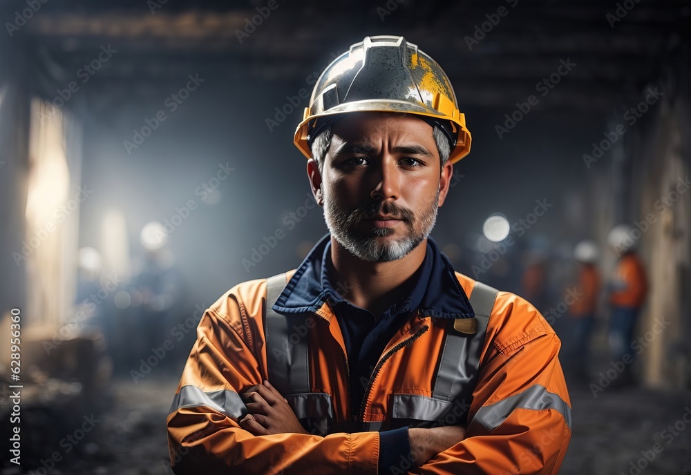 Man miners wear head protection standing confident with crossed hands blurred background Man miners wear head protection standing confident with crossed hands blurred background