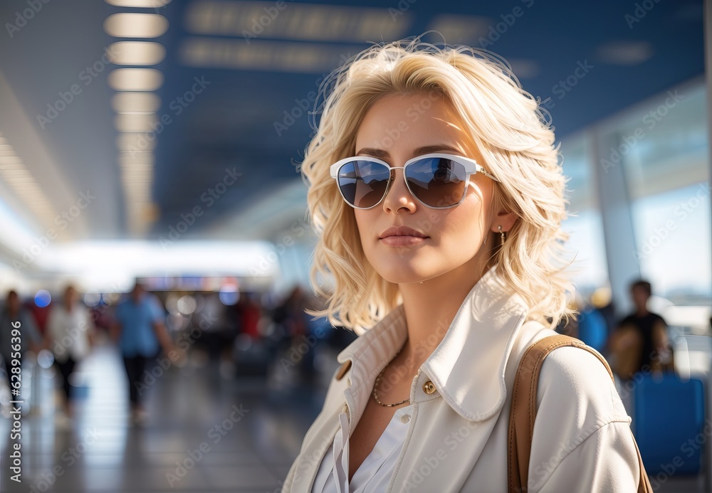 Mature blonde woman wearing sea throught sunglass at airport terminal Mature blonde woman wearing sea throught sunglass at airport terminal