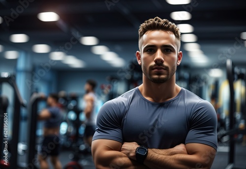 Man gym standing confident with crossed hands blurred background