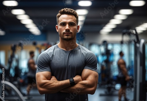 Man gym standing confident with crossed hands blurred background
