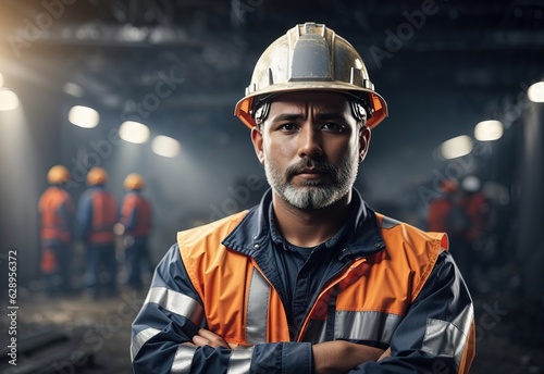 Man miners wear head protection standing confident with crossed hands blurred background © PeopleWorker