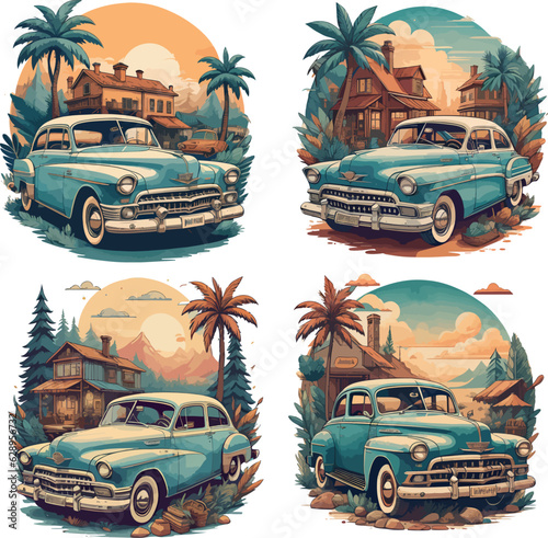 Pretty vector tshirt vintage car summer set