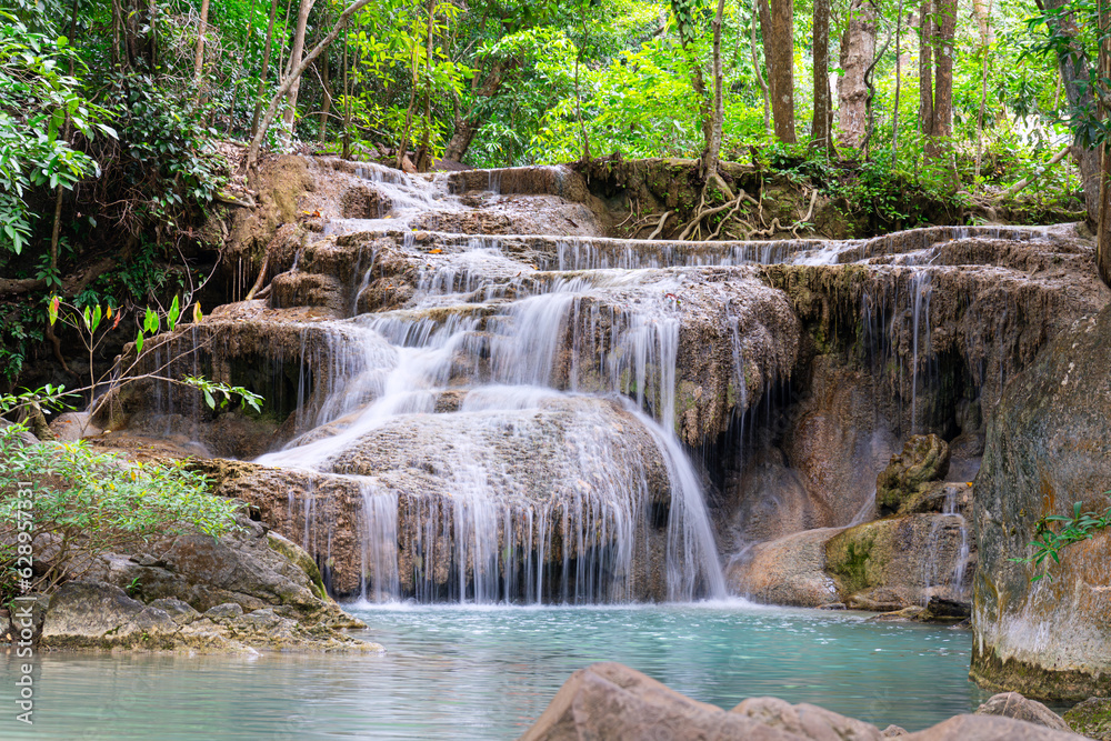 Naklejka premium Beautiful Huay Maekamin Waterfall Erawan National Park in Thailand.