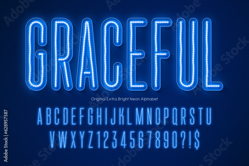 Neon light 3d alphabet, retro-futuristic original type.