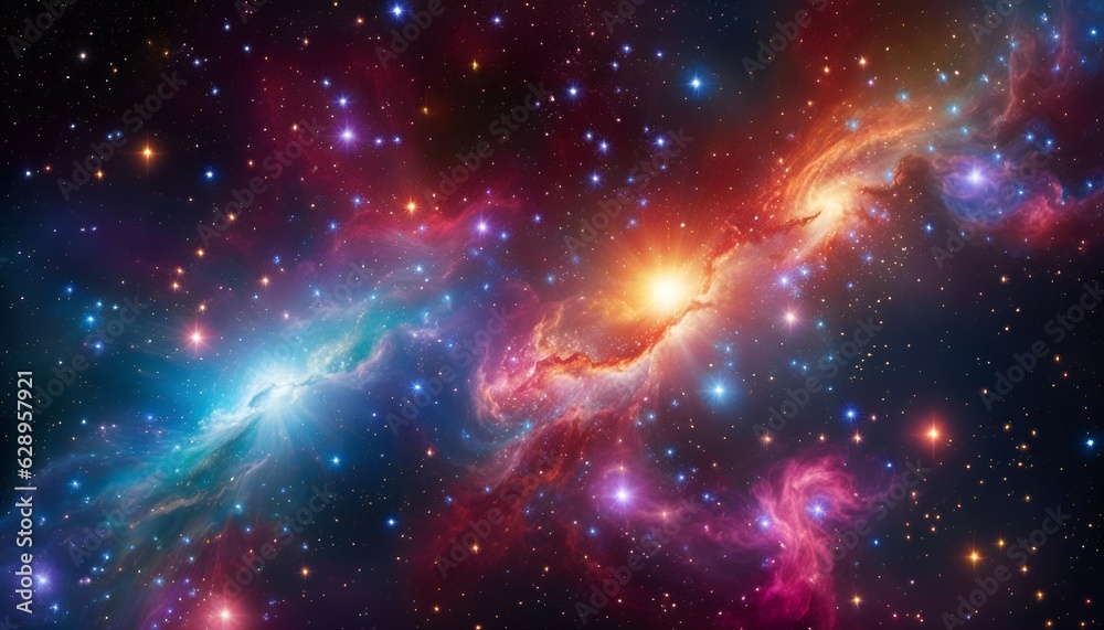 Bright colorful glowing star clusters contrasting with dark outer space,  Nebula and galaxies