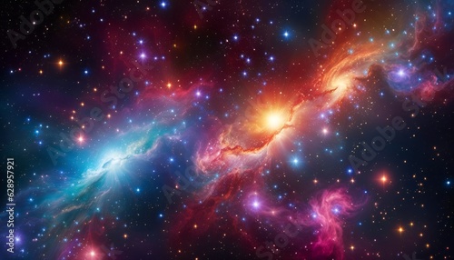 Bright colorful glowing star clusters contrasting with dark outer space, Nebula and galaxies