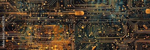 high tech computer circuit, close up view image, captured in frames with a 10:3 ratio, offering an ideal choice for website banner backgrounds.   Generative AI photo