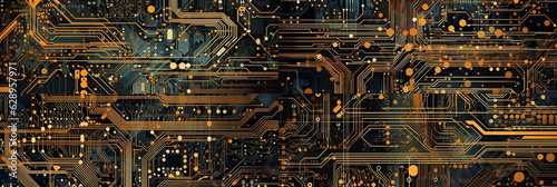 high tech computer circuit, close up view image, captured in frames with a 10:3 ratio, offering an ideal choice for website banner backgrounds.   Generative AI