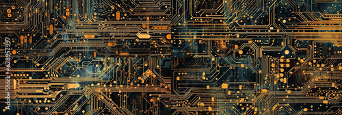 high tech computer circuit, close up view image, captured in frames with a 10:3 ratio, offering an ideal choice for website banner backgrounds.   Generative AI