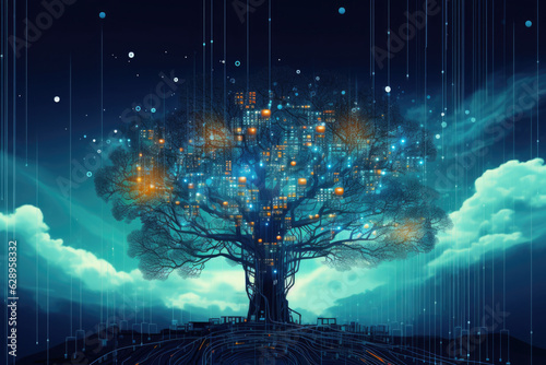 Digital tree with glowing connection lines in branches. Technology environment. Internet communication and information storage concept