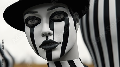 Young mime woman's face in futuristic makeup with a white and black stripes. Modern stylish illustration for poster, fashion banner, greeting card, postcard or other design. photo