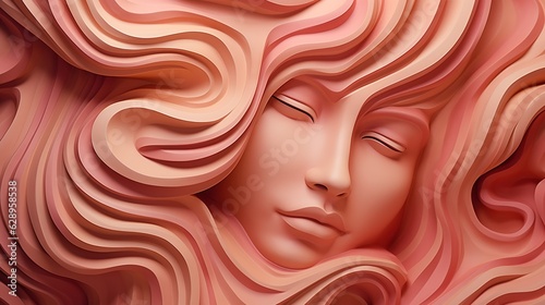 Composition of pink marble. Beautiful girl sleeps on a wavy background. Wall design bas-relief with stucco mouldings. Plaster texture. Illustration for cover, postcard, interior design, decor or print photo