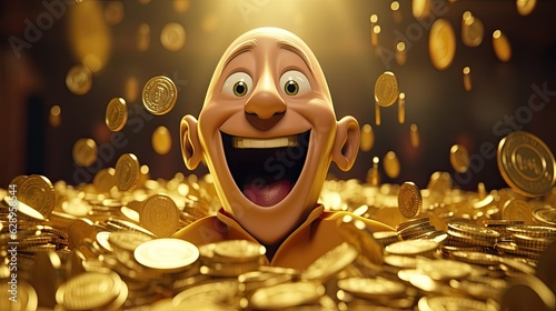 A happy smiling rich man with a crazy look plunged into a pile of gold coins. Falling gold coins or golden rain. The concept of jackpot, success, abundance or wealth. Design for advertising. photo