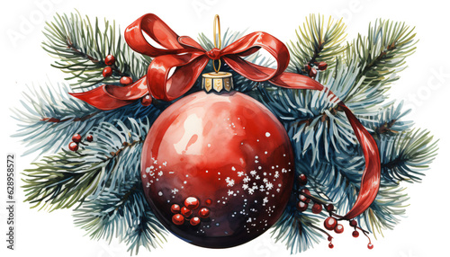 single red christmas ball in watercolor clipart design isolated against transparent background