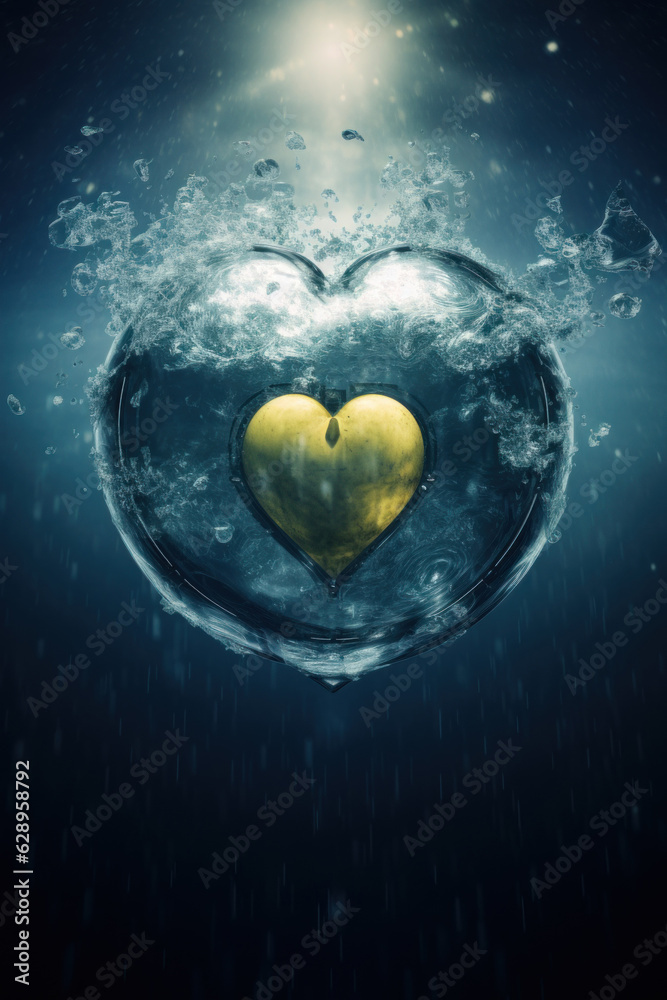 A heart radiated underwater in the dark blue depths of the ocean, symbolizing the environmental impact of radioactive contamination.