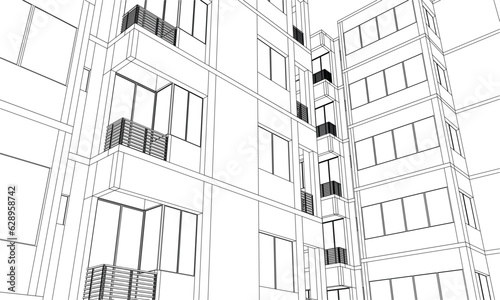 Vector illustration of a drawing sketch of the residential building facade