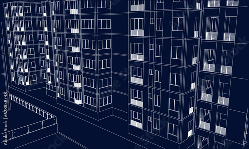 Vector illustration of a drawing sketch of an architectural hotel apartment building facade