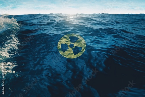 Photo A yellow radiation symbol reflecting on the ocean's surface, amidst dark blue wa