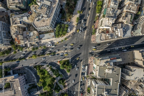 Aerial view of a cityscape with busy streets in Athens, Greece