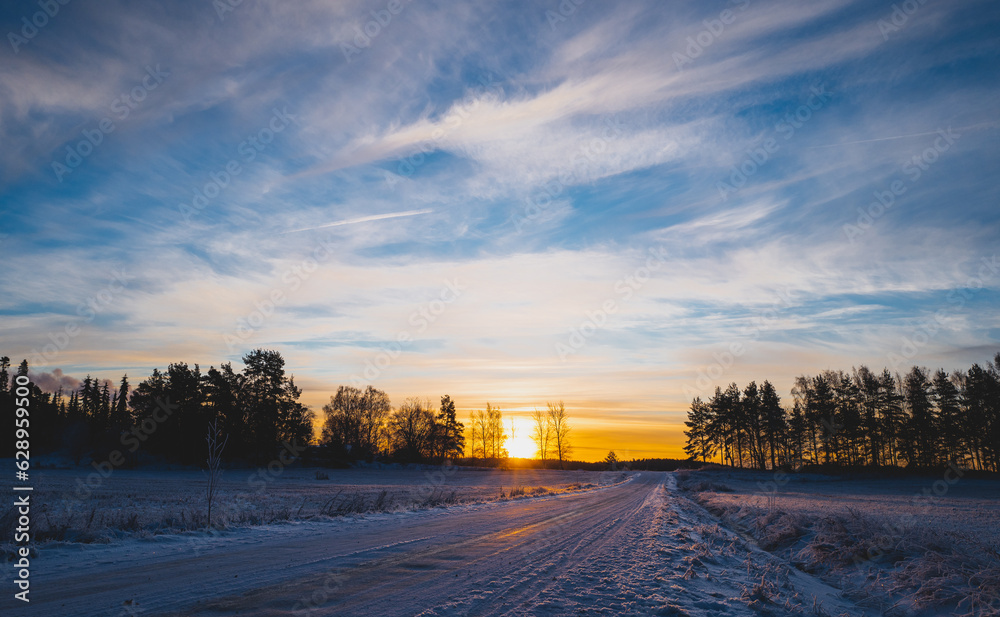 Snowy landscape by sunrise Snowy landscape by sunrise