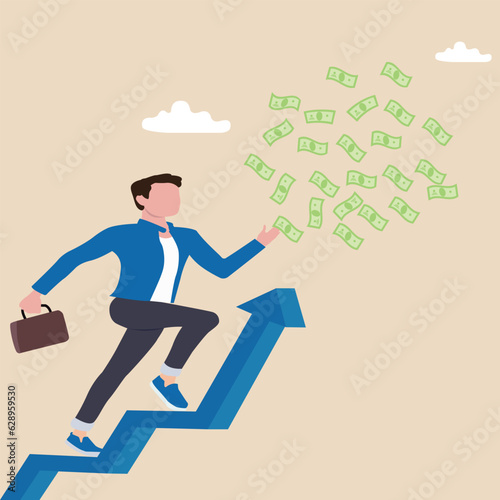Happy businessman stair up to achieve financial freedom. Success businessman with plenty of money and wealth, income or salary increase or career opportunity concept.