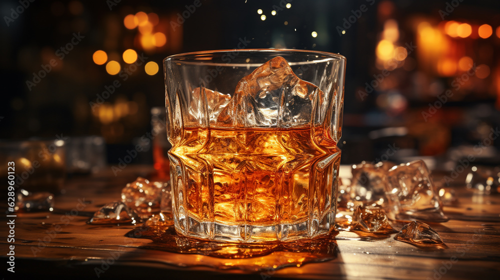 glass of whiskey with ice on table.generative ai glass of whiskey with ice on table.generative ai