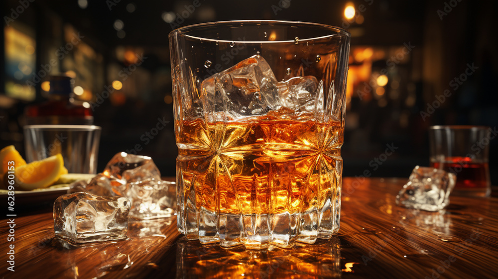 glass of whiskey with ice on table.generative ai glass of whiskey with ice on table.generative ai