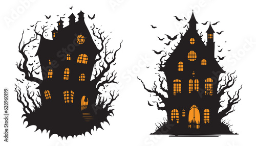 Happy Halloween Scary Ghost House with bats Vector Illustration, Halloween night scary house illustration