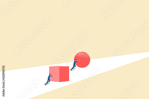 Businessmen pushing different solid shape. concept of advantage and competition