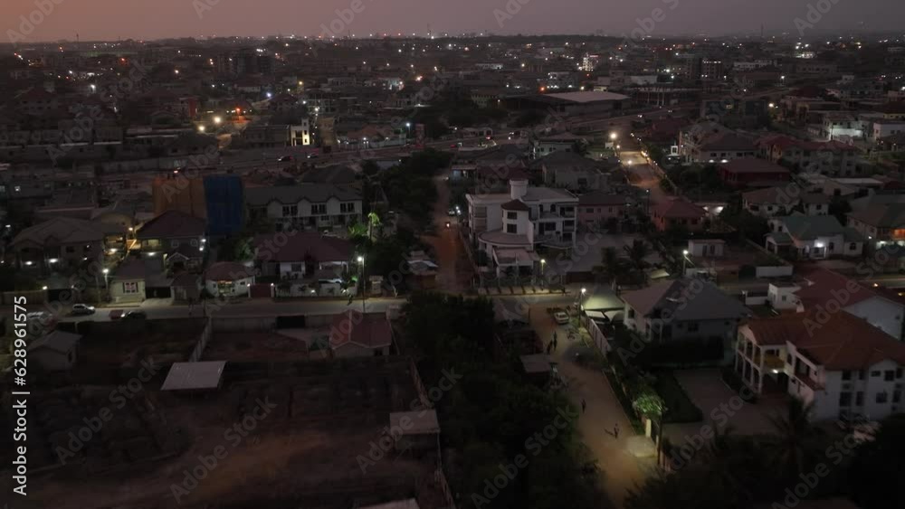 Aerial video of buildings and roads at night in Accra, Ghana Aerial video of buildings and roads at night in Accra, Ghana