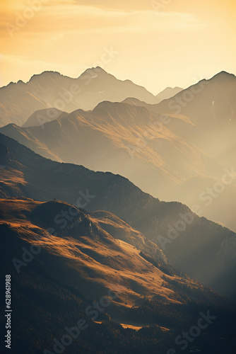 mountain range on the evening sun, landscape, generative ai 