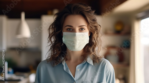 Portrait of Caucasian woman enjoying time at home, social distancing and self isolation in quarantine lockdown, wearing face mask protecting from  coronavirus infection, looking at camera, generative  photo