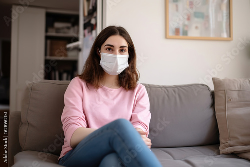 Portrait of Caucasian woman enjoying time at home, social distancing and self isolation in quarantine lockdown, wearing face mask protecting from coronavirus infection, looking at camera, generative 