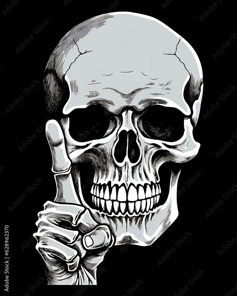 Fototapeta premium skull with a finger up on a black background, generative ai 