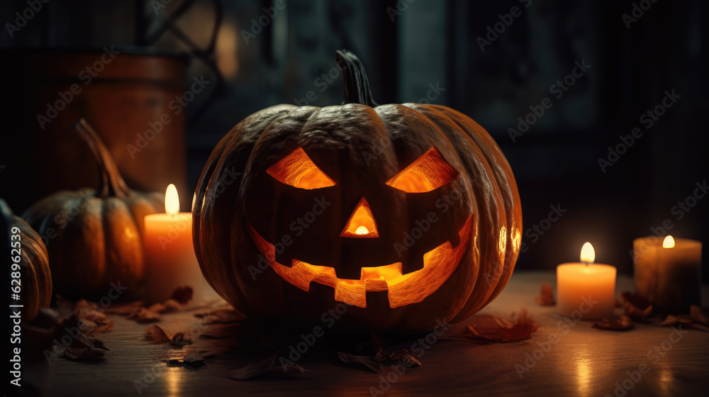 Smiling and Glowing Jack-o'-Lantern with Candlelight in a Dark Room - Generative AI Smiling and Glowing Jack-o'-Lantern with Candlelight in a Dark Room - Generative AI
