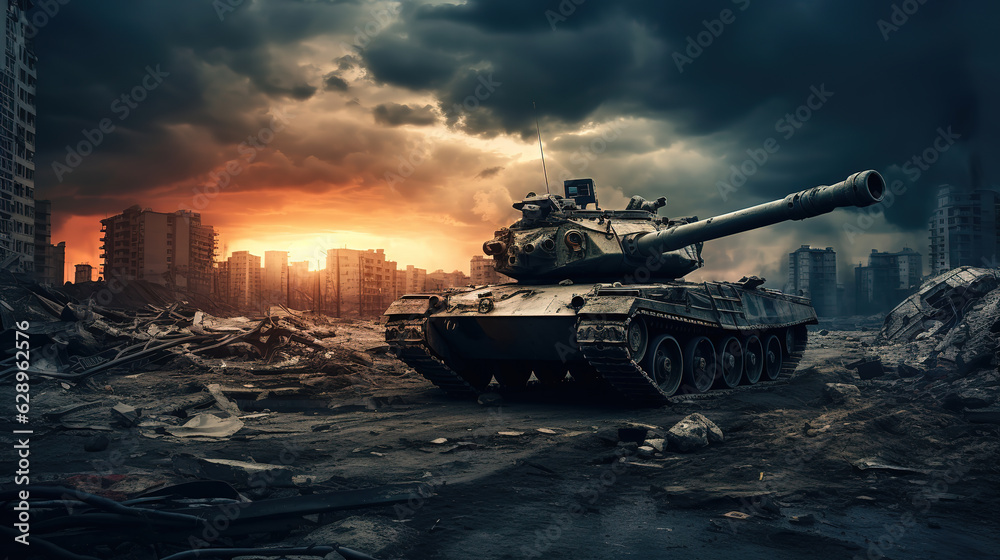 tank is walking in an urban landscape, war, generative ai tank is walking in an urban landscape, war, generative ai