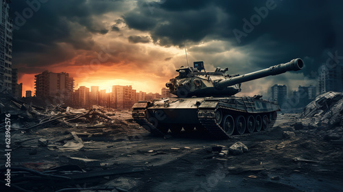  tank is walking in an urban landscape, war, generative ai  photo