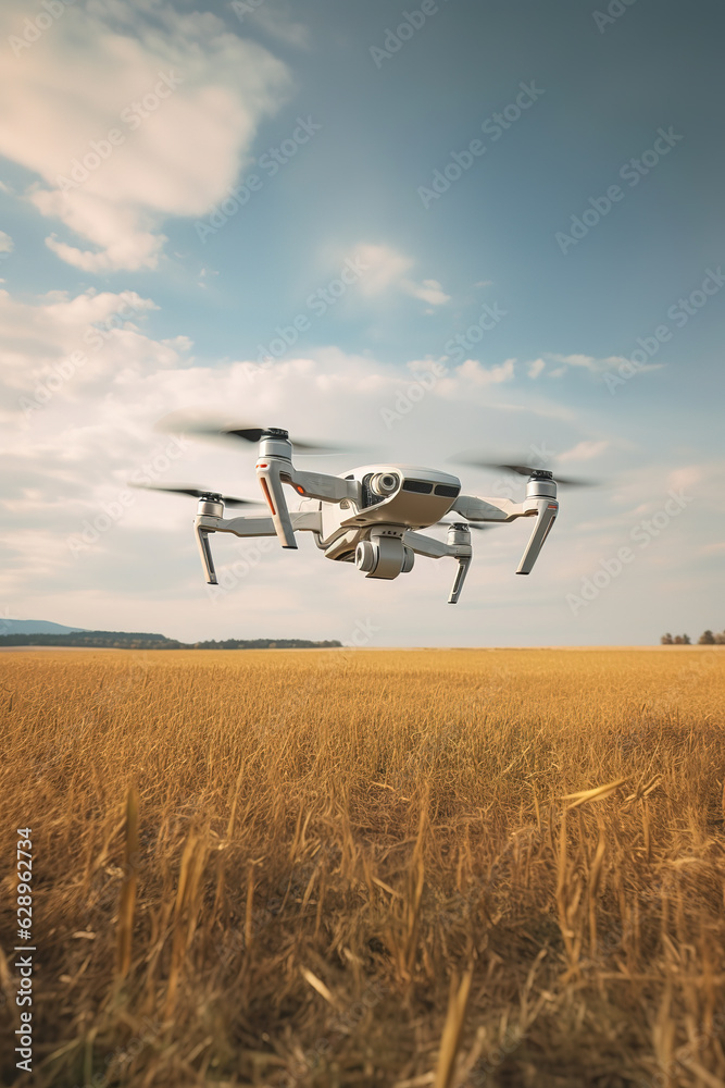 white drone flying over a field, generative ai white drone flying over a field, generative ai