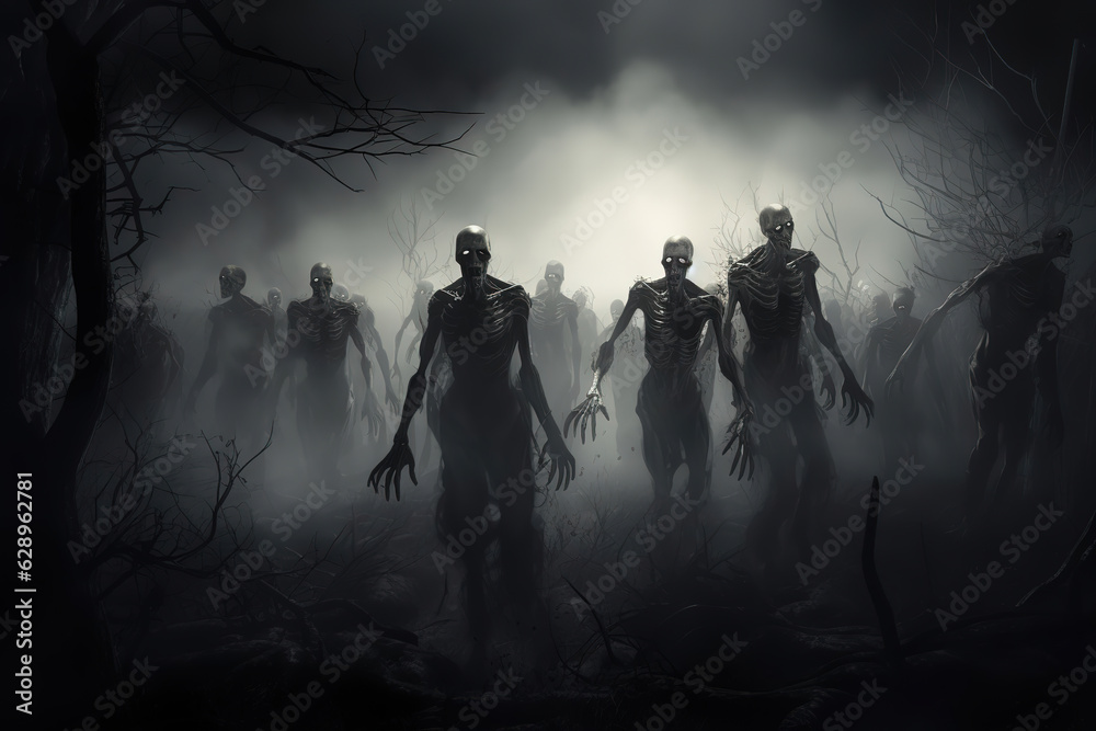 Zombies walking. Skeleton zombies walking on a foggy weather night woods amidst a trees, generative ai