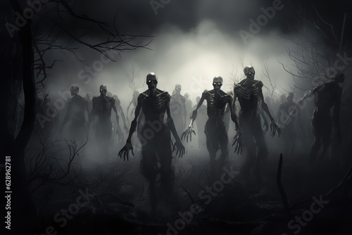 Zombies walking. Skeleton zombies walking on a foggy weather night woods amidst a trees, generative ai