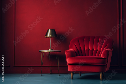 Beautiful luxury classic velvet red clean interior room in classic style with velvet red soft armchair. Vintage antique velvet chair standing beside emerald wall. Minimalist home design. High quality © Starmarpro