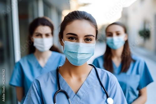 Mask masked Young Nursing Student Leading Hospital Team: A High-Quality Portrait of Dedicated Doctor Interns in Scrubs