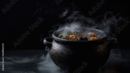 Witches Cauldron Brewing Potion with Colorful Steam Smoke - Halloween Theme - Generative AI