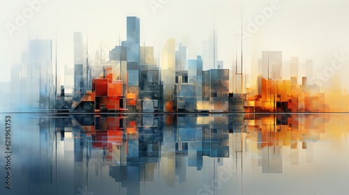  a painting of a city skyline with a body of water in the foreground The buildings are slightly blurred, giving the painting a dreamy, ethereal feel The water is s photo