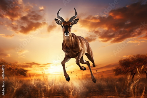 Antilope in der Bewegung springend in Richtung des Betrachters, ai generiert