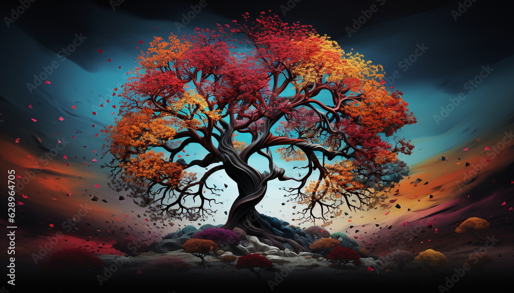 Farbiger Baum vor schwarzem Hintergrund, 2, Ai generiert - obrazy, fototapety, plakaty 